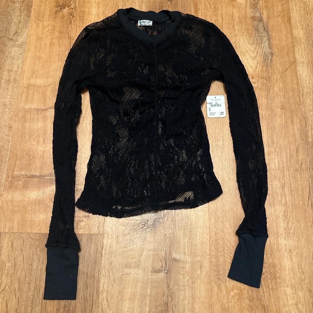 Free People Black Long Sleeve Sheer Knit Top